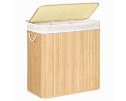 Bamboe Wasmand 150L met Deksel en 3 Compartimenten – Opvouwbare Wasmand met Uitneembare Binnenzak – Stevig, Duurzaam & Groot Formaat