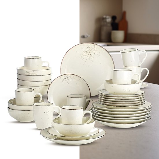 LBB Luxe Tableware Set - 32 pièces - 8 personnes - Porcelaine - Service d'assiettes - Assiettes plates - Assiettes à dessert - Bols - Mugs - Bols - Beige