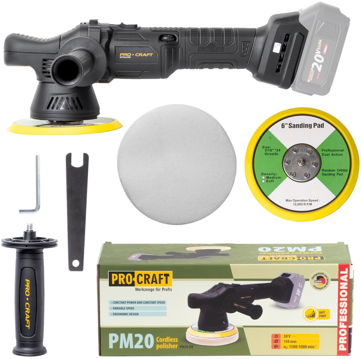 Procraft PM20bb accupolijstmachine 20 V 150 mm Solo - zonder accu, zonder oplader