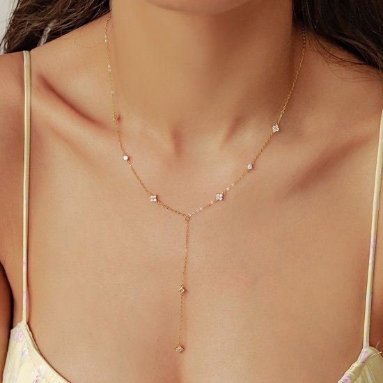 Hey Happiness Posy Y-Halsketting Dames 925 Zilver 18K Verguld – Met Zirkonia Bloem Hangers – Goud