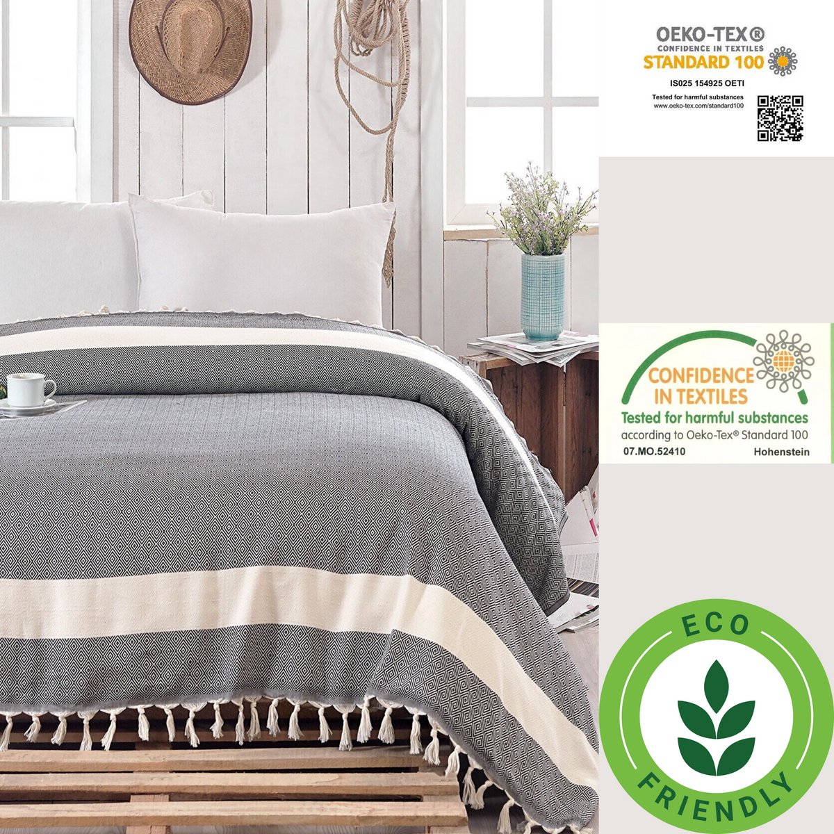 Trimita Geweven Sprei - Grand foulard - Diamond - 100% Katoen - Natural/Marineblauw - 200 x 240 cm