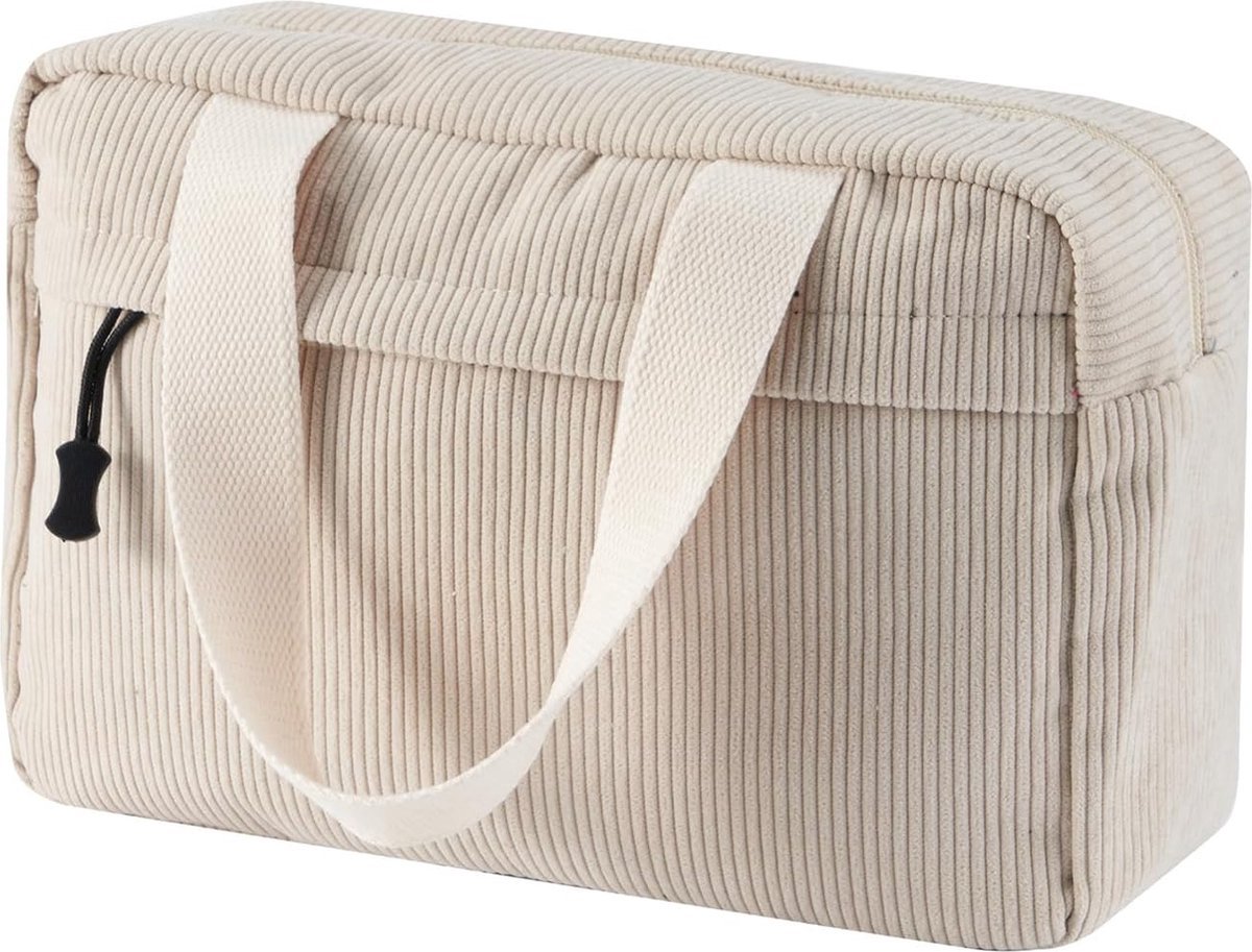 Stunq® Toilettas voor dames, grote make-uptas, corduroy make-uptas, met smiley-koord, cosmeticatas, reizen, voor meisjes, dames, beige