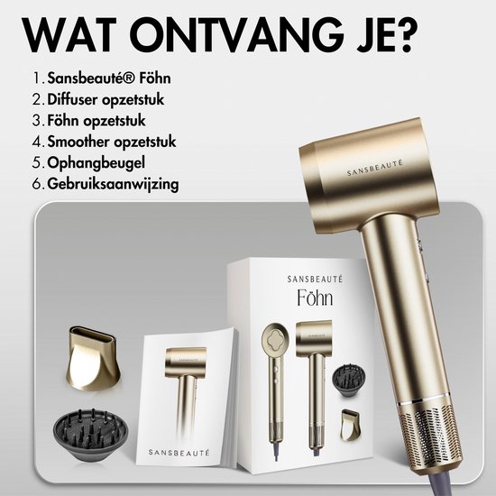 Sansbeauté® Föhn met Diffuser - Krullen - 110.000RPM - Ionische Haardroger met Borstel - 3 Standen - 3 Opzetstukken - Reisföhn - Sèche Cheveux - Krul Feun Set - Haarföhn met Defuser - Hair Blow Dryer - Kappersfohn - 2000W