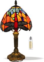 8-Inch Libel-Tiffany Tafel Lamp – Vintage Kleine Glas-in-Lood Lamp (Blauw/Oranje) 37,1 cm Hoog