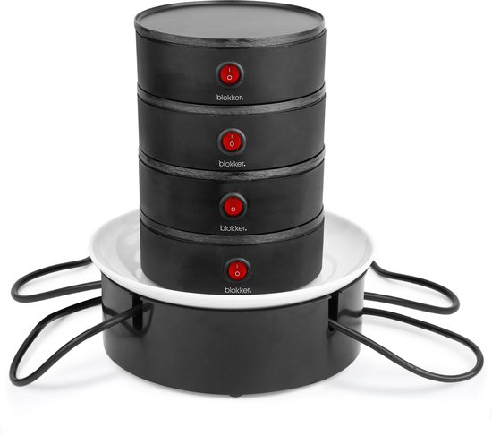 Blokker Raclettegrill - Gourmetset - 4 Aparte Kookunits Ø16 cm - met Serveerschaal - 450W per unit - Inclusief 4 Spatels - Stapelbaar Ontwerp - Tot 4 Personen - Ruimtebesparend - Grillmodules - Indicatielampje - RG-131530.1 Zwart — afbeelding 3