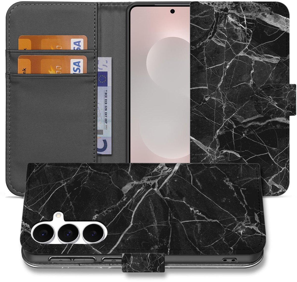 Samsung Galaxy S25 FE Bookcase Zwart Marmer Met Pasjesvak Luxe