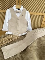 luxe jongens kostuum-kinderpak- kinderkostuum-3 delige set -beige wit gestreepte set- vest , broek, effen witte hemd, vlinderstrik-bruidsjonkers-bruiloft-feest-verjaardag-fotoshoot-7 jaar maat 122