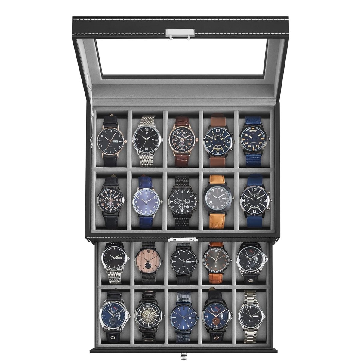 Horlogedoos met glazen deksel, 2 niveaus, met uitneembaar kussen, cadeau-idee, met zwarte PU-hoes, grijze fluwelen voering