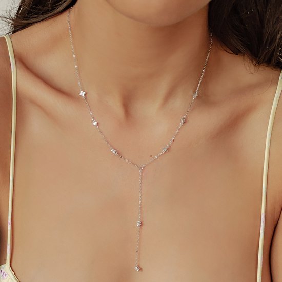 Hey Happiness Posy Y-Halsketting Dames 925 Zilver 18K Verguld – Met Zirkonia Bloem Hangers – Zilver