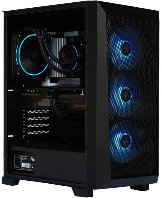 Zwarte computertoren met drie blauw verlichte ventilatoren aan de voorkant en een blauwe ventilator aan de zijkant.