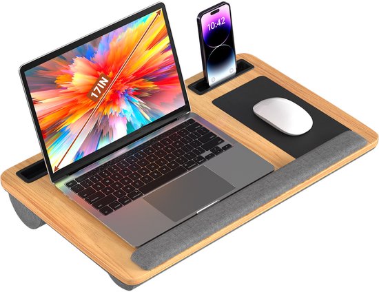 Tablette pour ordinateur portable en bois avec support de téléphone, tapis de souris, repose-poignet et espace pour ordinateur portable de 17 pouces.