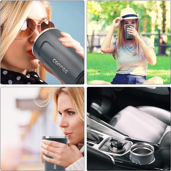 Vierdelige collage met een vrouw die uit een blauwe koffiebeker drinkt, een vrouw met hoed in de buitenlucht, een vrouw die buiten drinkt en de beker in een auto.