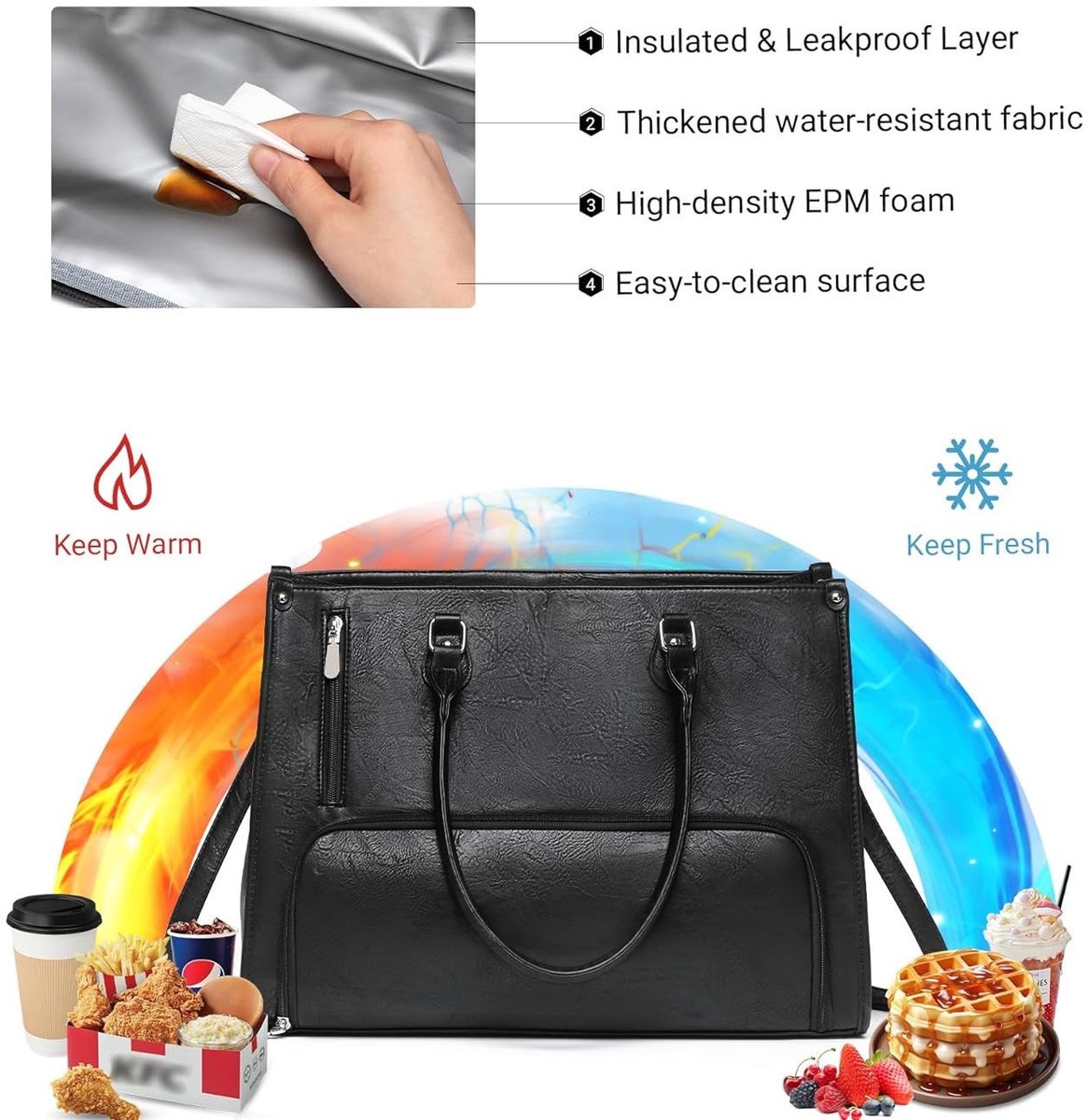 Lunch Tas - 2-in-1 Lunch Tas Handtas Combinatie - Vegane Leder Laptop tas - 15,6-inch Handtas Met Geïsoleerde Lunch Kamer - Lunch Tas - Vrouwen Koeltas - School Kantoor Isolatie Tas - Zwart — cadeau in Koken & Dineren - foto 4