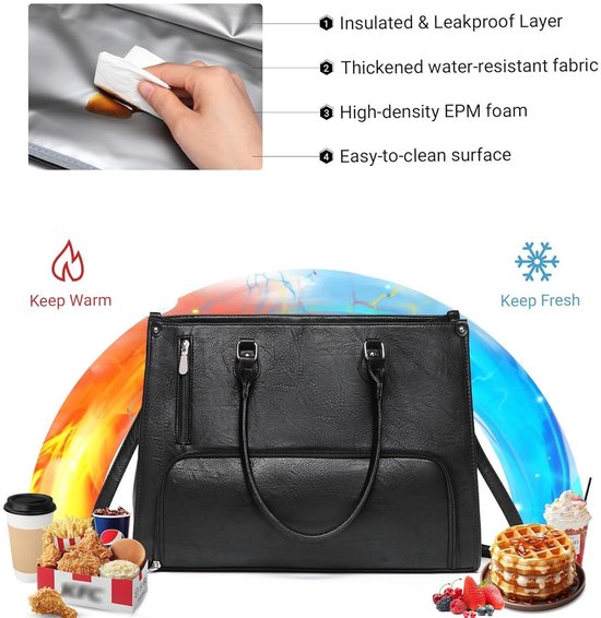Lunch Tas - 2-in-1 Lunch Tas Handtas Combinatie - Vegane Leder Laptop tas - 15,6-inch Handtas Met Geïsoleerde Lunch Kamer - Lunch Tas - Vrouwen Koeltas - School Kantoor Isolatie Tas - Zwart van Merkloos — afbeelding 4