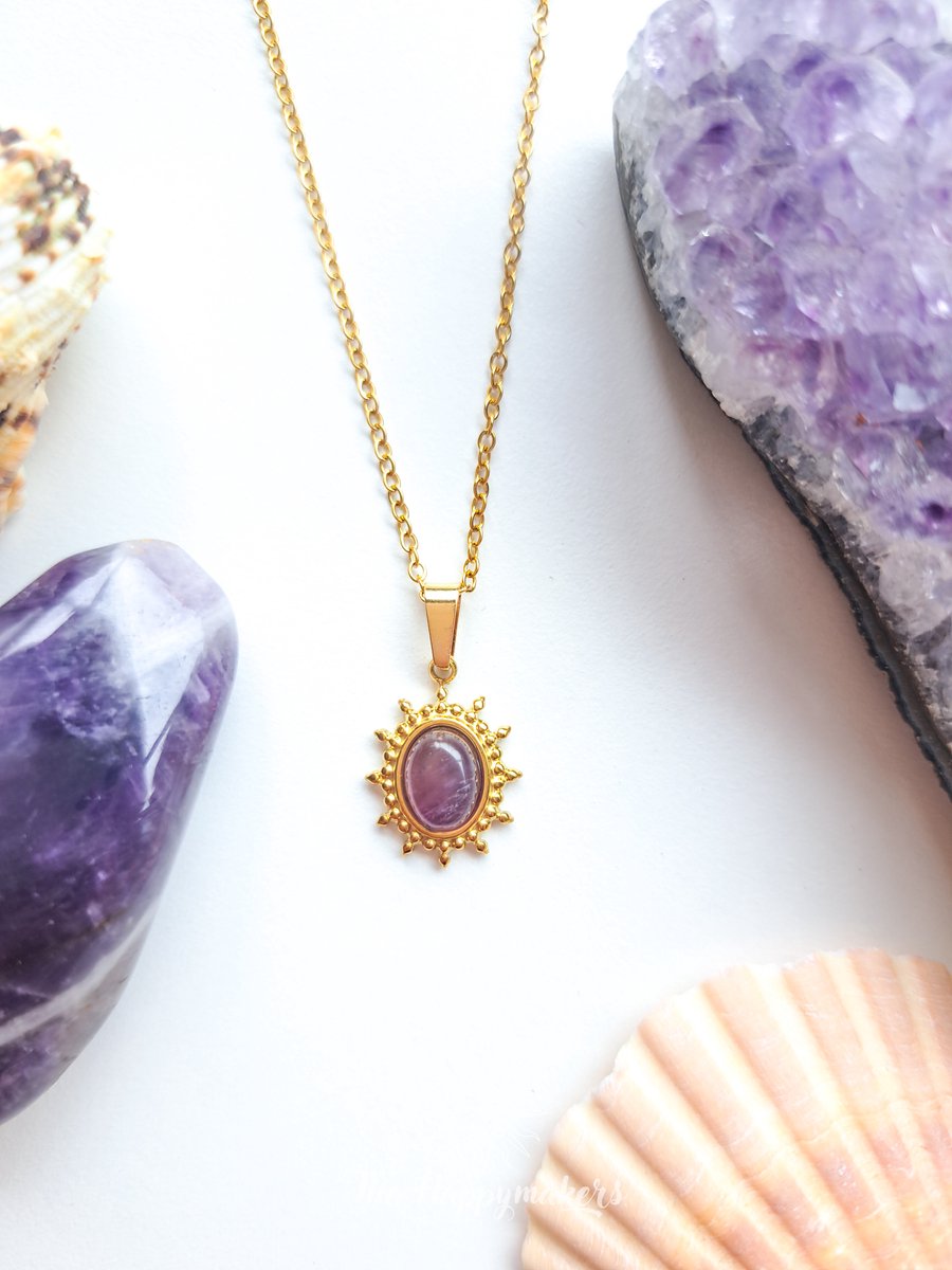 Edelsteen ketting bedel amethist, waterproof, boho, stainless steel, handgemaakt, cadeau met betekenis, rust in je hoofd