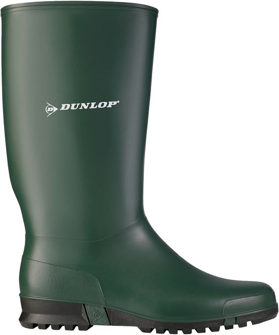 Zijkant van een groene Dunlop regenlaars met logo op de schacht en zwarte zool.