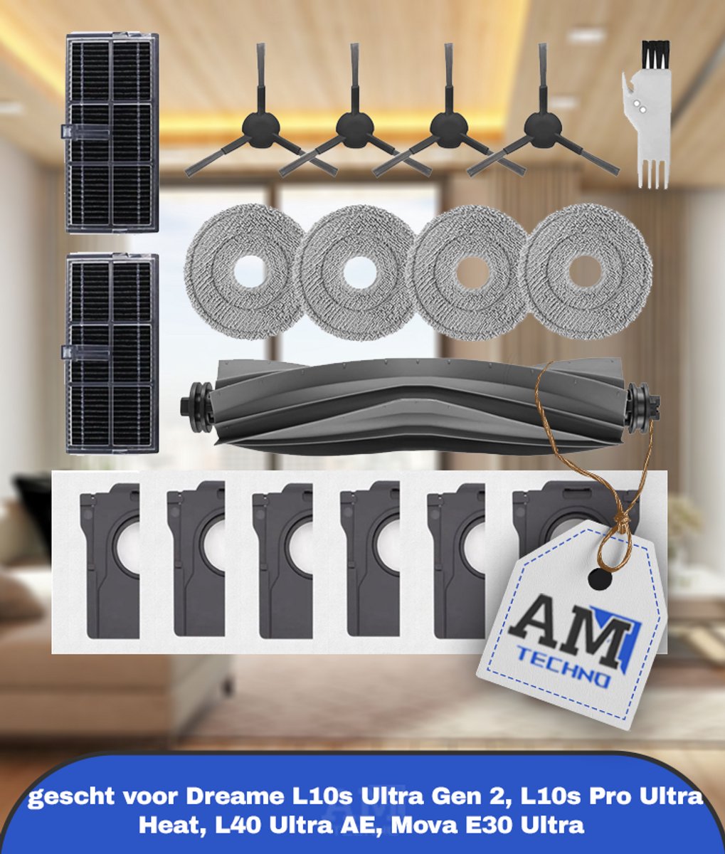 Accessories Kit gescht voor Dreame L10s Ultra Gen 2, L10s Pro Ultra Heat, L40 Ultra AE, Mova E30 Ultra Robotstofzuiger, 1 Hoofdborstel, 2 HEPA-Filters, 4 Zijborstels, 4 Dweildoeken, 6 Stofzakken