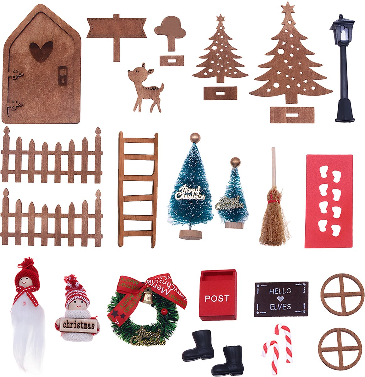 Kerstkabouterdeurset - 30-delige houten miniatuuraccessoires - Kabouter