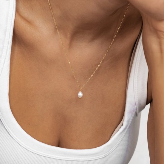 Hey Happiness Parel Hanger Halsketting Dames 925 Zilver 18K Verguld - Singapore Schakel - 41 cm + 5 cm Verstelbaar - Goud