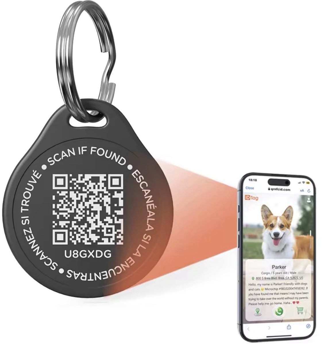 Zwarte Duurzame, waterbestendige gepersonaliseerde Hondenpenning, Kattenpenning, Dierenpenning voor grotere huisdieren met QR code.