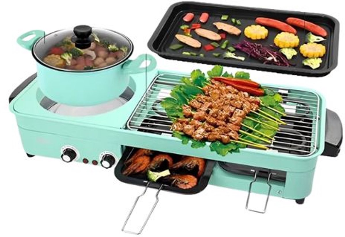 Equal to None - Multicookers - 3-in-1 Elektrische Grill - Grill apparaat - Bakplaat elektrisch - 2200W - Pot 2,5 liter - Antiaanbaklaag - 3 warmtestanden - Uittrekbare oliecollector - 2–3 personen - 51,2 × 24,5 × 9,5 cm - Blauw