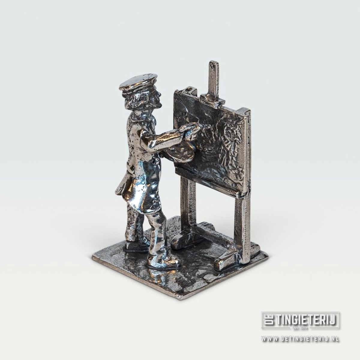 De tingieterij Tinnen Kunstschilder Beeldje – Handgemaakt Miniatuur Schilder – Beroepenbeeld Kunst – Uniek Cadeau & Decoratie Zilver