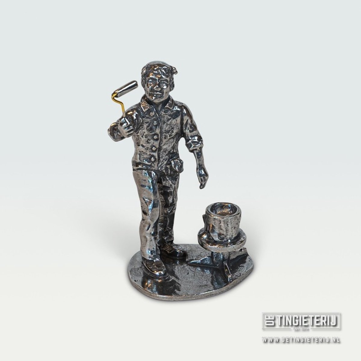 Tinnen Schilder Beeldje met Verfroller – Handgemaakt Miniatuur Ambacht – Beroepenbeeld Schilderswerk – Uniek Cadeau & Decoratie - jubileum - pensioen