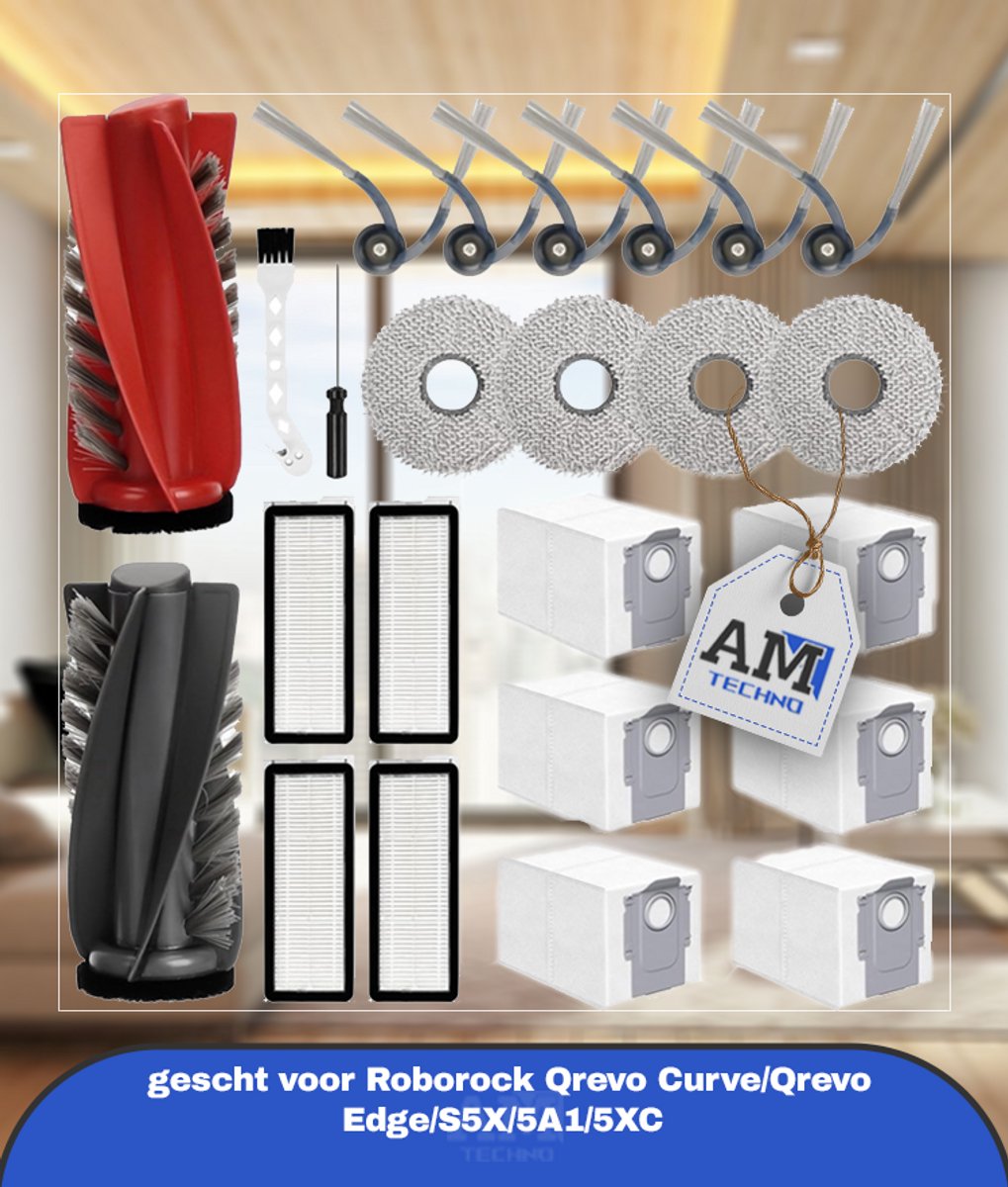 24 stuks accessoires gescht voor Roborock Qrevo Curve/Qrevo Edge/S5X/5A1/5XC stofzuiger, hoofdborstel, stofzak, wisdoeken, filter, zijborstels, schroevendraaier, zuigrobot, reserveonderdelen
