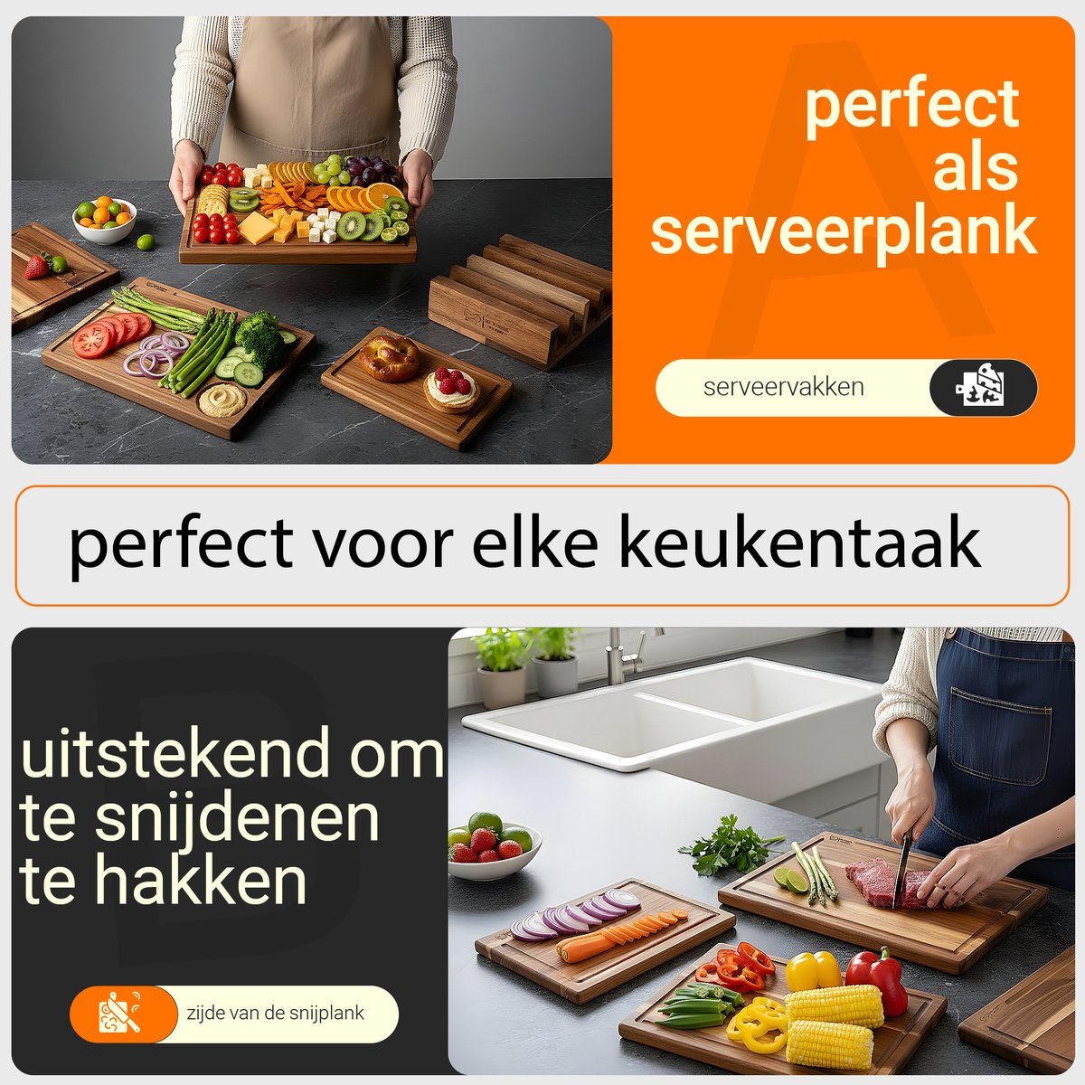Les Plaisirs du Chef – 4-Delige Snijplankenset met houder uit het