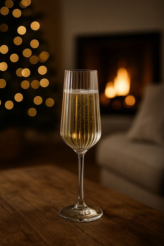 Flûte à champagne cannelée remplie de champagne pétillant, arrière-plan de Noël doucement éclairé.