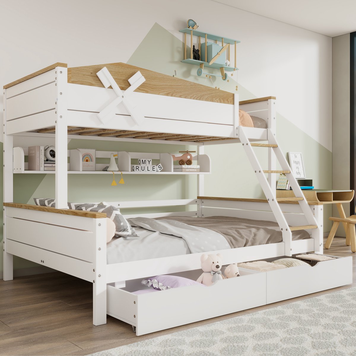 Merax Stapelbed met windmolen - met boekenplank - kinderbed - met laden - wit en houtkleur - 90x200 cm & 140x200 cm