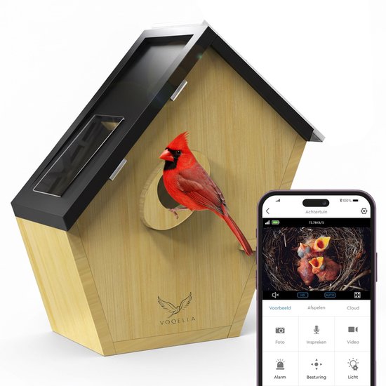 Voqella® Vogelhuisje met Camera - Nestkastje Koolmees - Vogel Camera - Vogelkastje - Vogelvoederhuisje - Met Zonnepaneel - Bamboe hout - Video & Audio
