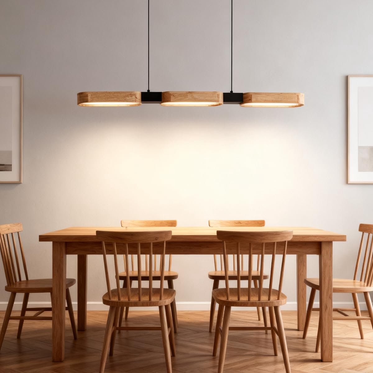Epochglo LED Hanglamp Hout met Afstandsbediening - Moderne Eetkamerlamp Ø90 cm - In Hoogte Verstelbaar - 25W 1875LM - Dimbaar 3000K-6500K - Nachtlampstand - Geheugenfunctie - Timer - Voor Eettafel, Woonkamer, Slaapkamer