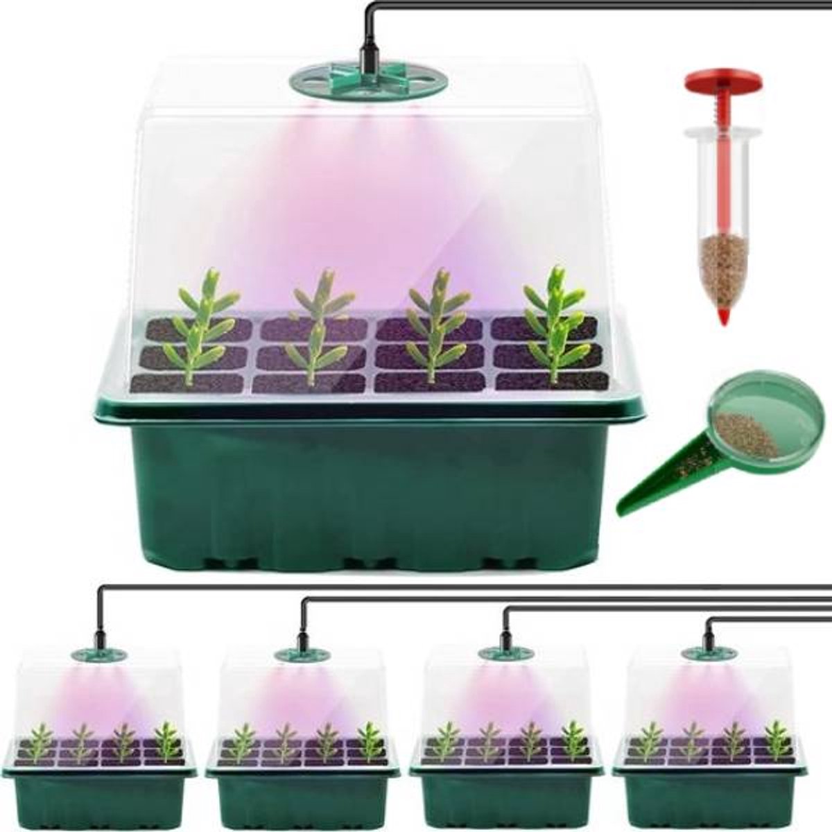 UniEgg® Complete Indoor Kweekset: Kweekbakken met LED Groeilampen inclusief zaadstrooier met 5 standen en zaaddispenser met bakje, Ventilatiegaten, 5-delige Mini Broeikas Kweekkas en Kweekpotjes voor Optimale Plantengroei