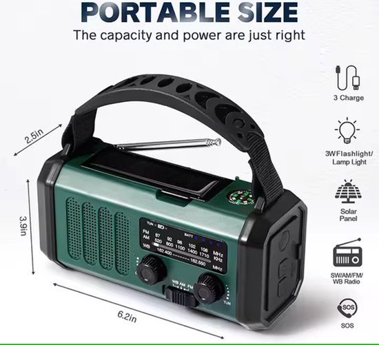 Noodradio - Solar Opwindbaar 10.000mAh - MODEL 2025 - Solar powerbank Zonneenergie - Survival Noodpakket - Zaklamp Oplaadbaar - Noodpakket – Noodrantsoen - Groen