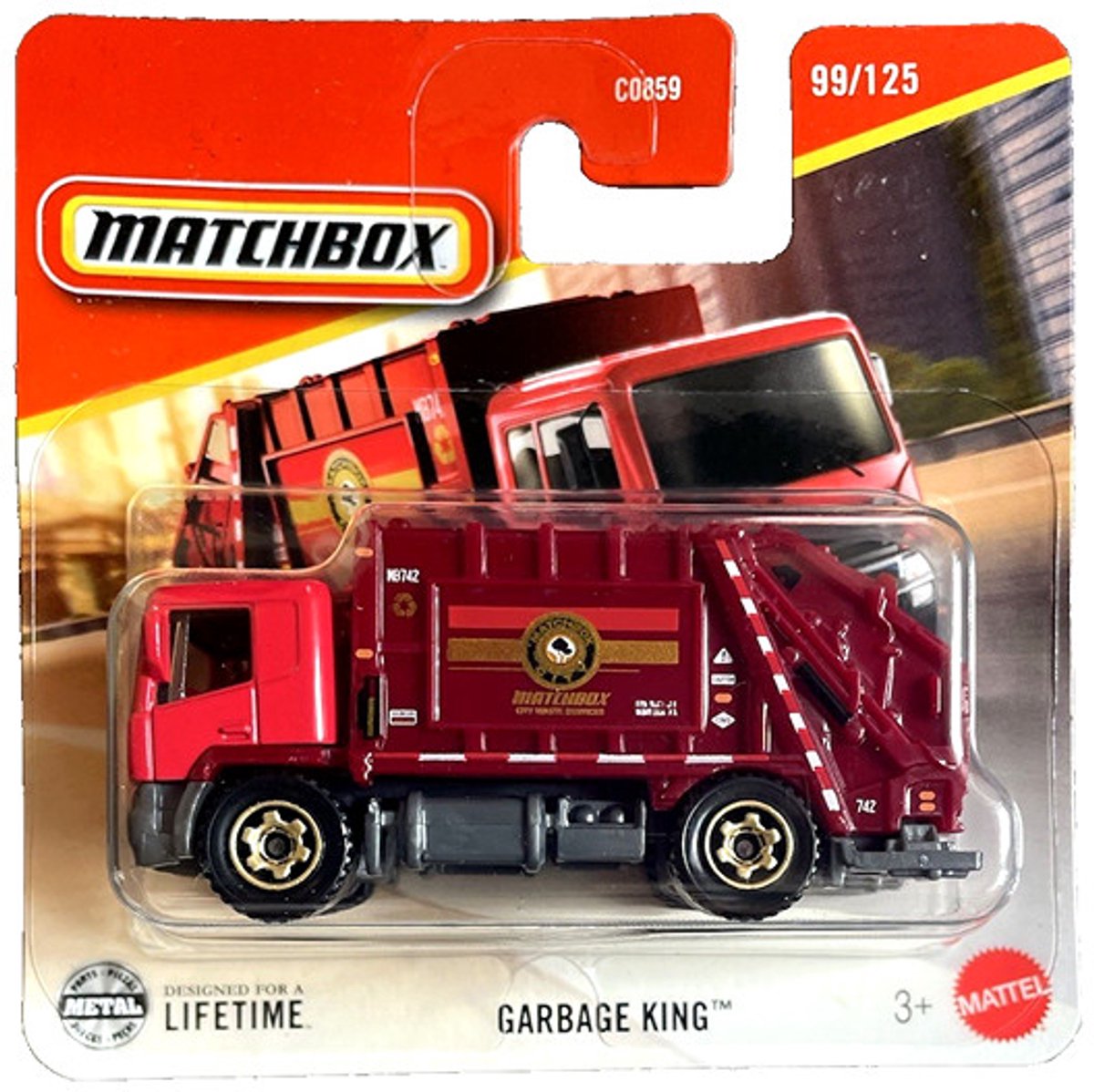 GARBAGE KING MATCHBOX CITY 99-125 RED TRUCK RECYCLING AUTO MATCHBOX 1:64 SHORT CARD