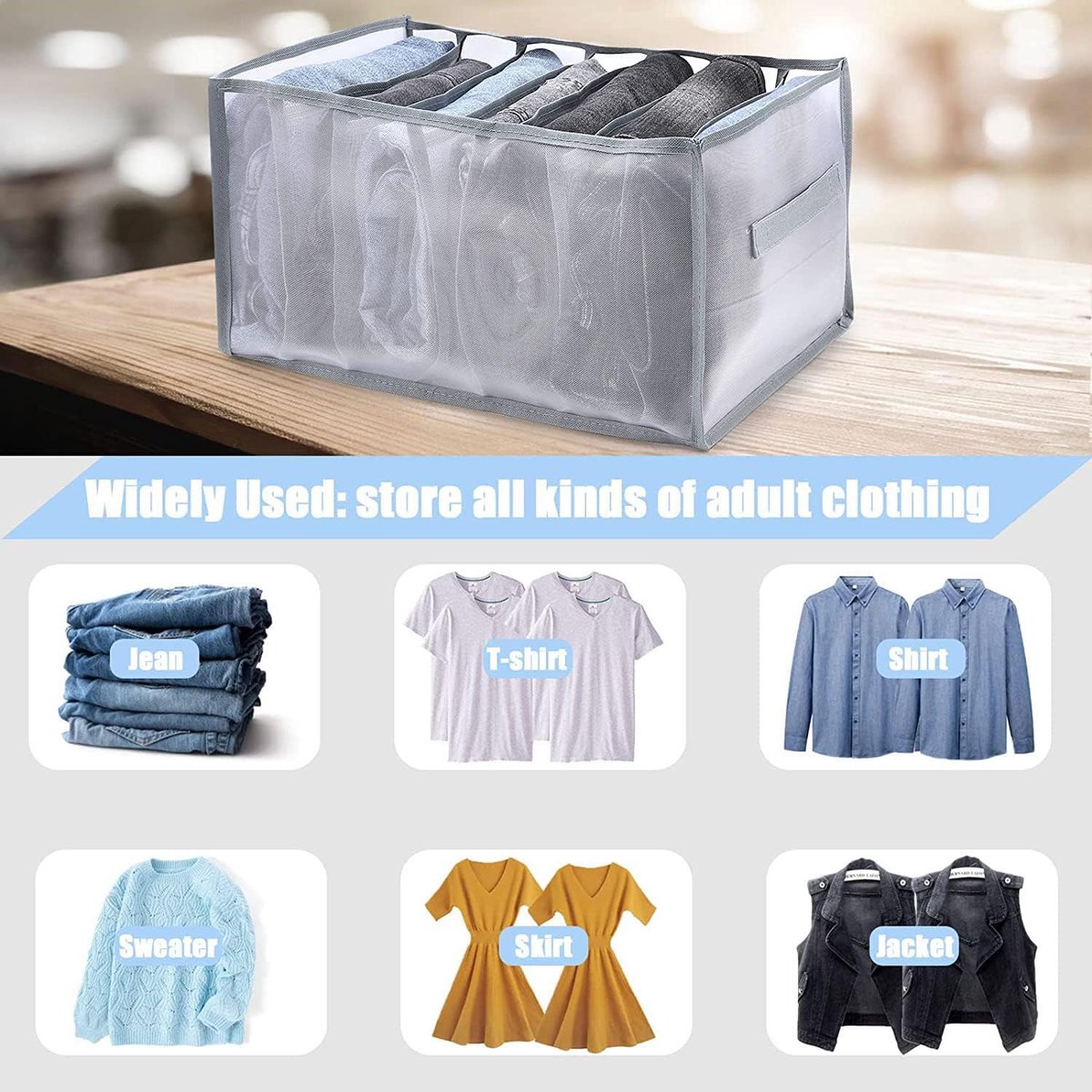 Candala kledingkast organizer, 7 rasters, opvouwbare laden, kledingkast, opbergsysteem, mesh, kledingopberger, organizer box voor kleding, T-shirt, leggings, jeans, broek, T-shirt, (zwart)