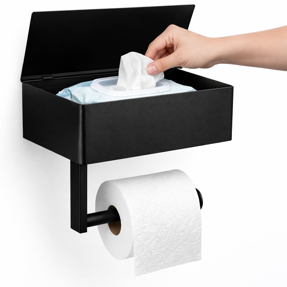 Toiletrolhouder met opbergvak - Zwart RVS - Wandmontage