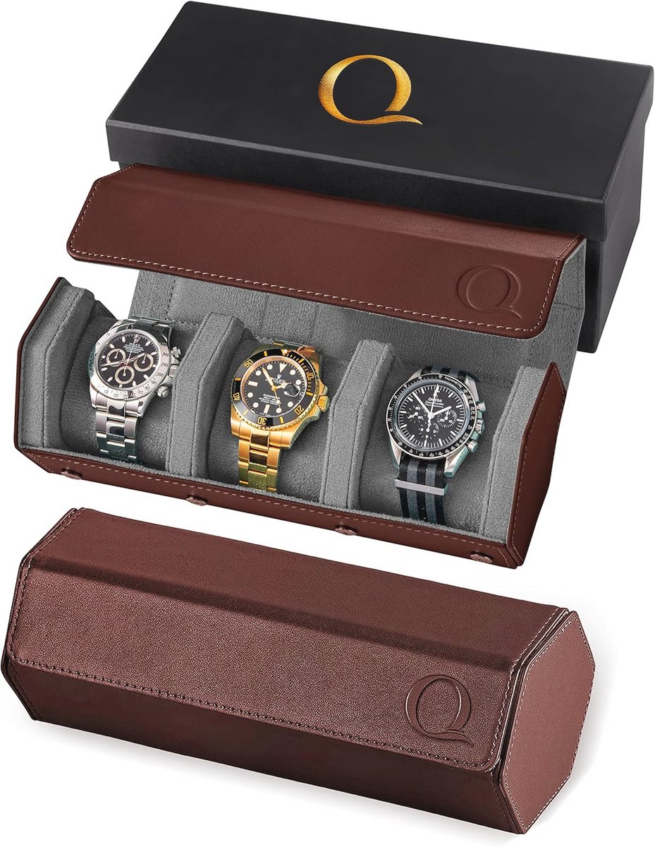 Leren Horlogebox voor mannen | Reishorloge Rolhouder | Opbergtas Display | Luxe Fluweel Binnenzijde | Geschikt voor leren, metalen, rubberen stalen horlogebanden en armbanden (Bruin - Grijs)
