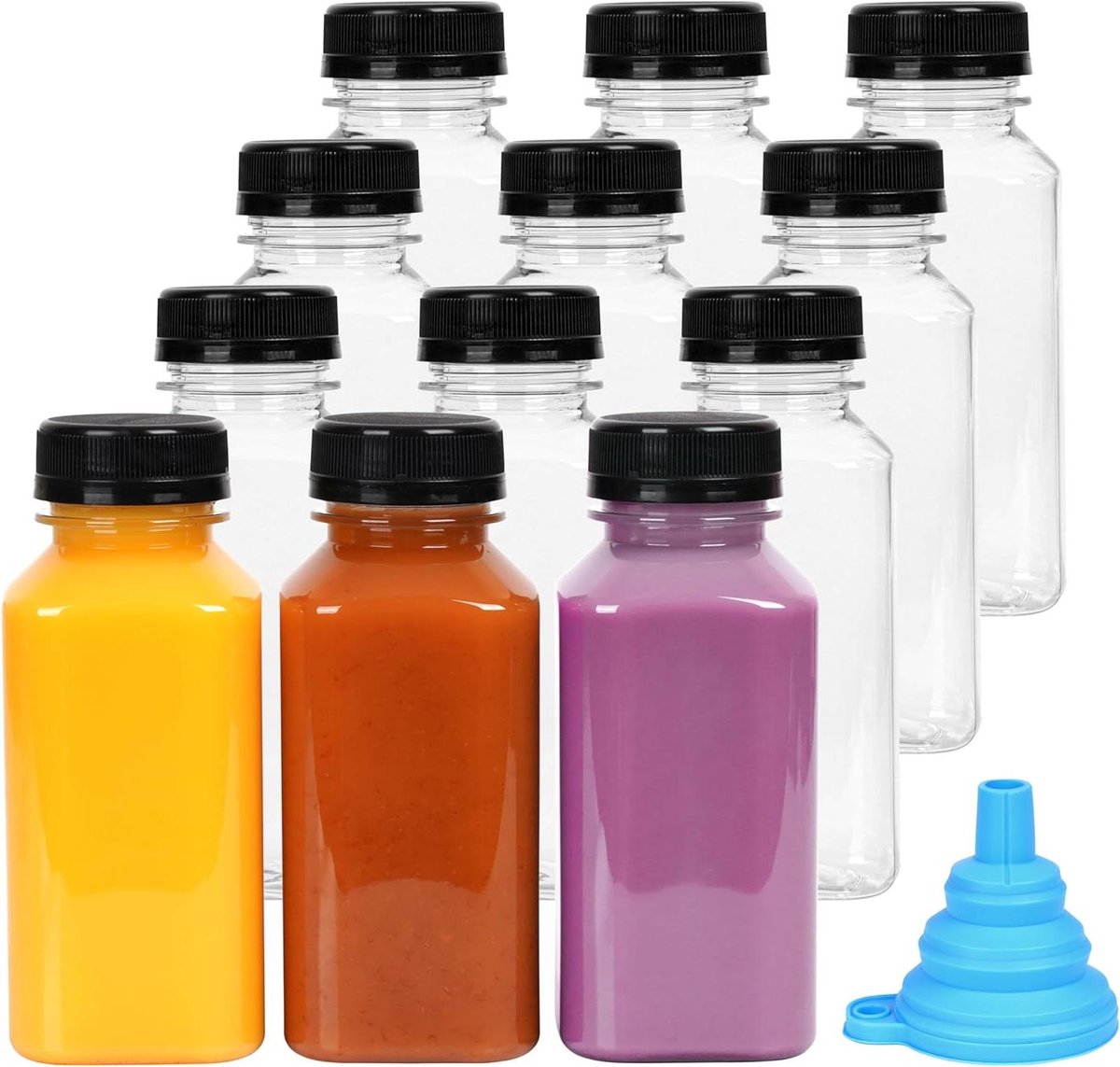 Allecta - 12-pack Herbruikbare Plastic Flesjes 270 ml - Doorzichtig met Lekvrije Doppen en Schenktrechter - Mini Drinkflesjes voor Mini Koelkast, Water, Smoothies, Sappen