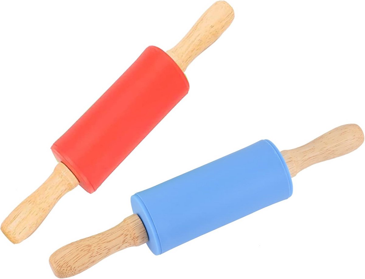 Siliconen Deegroller voor Kinderen 22,5 cm - Antiaanbak & Houten Handvatten - Set van 2
