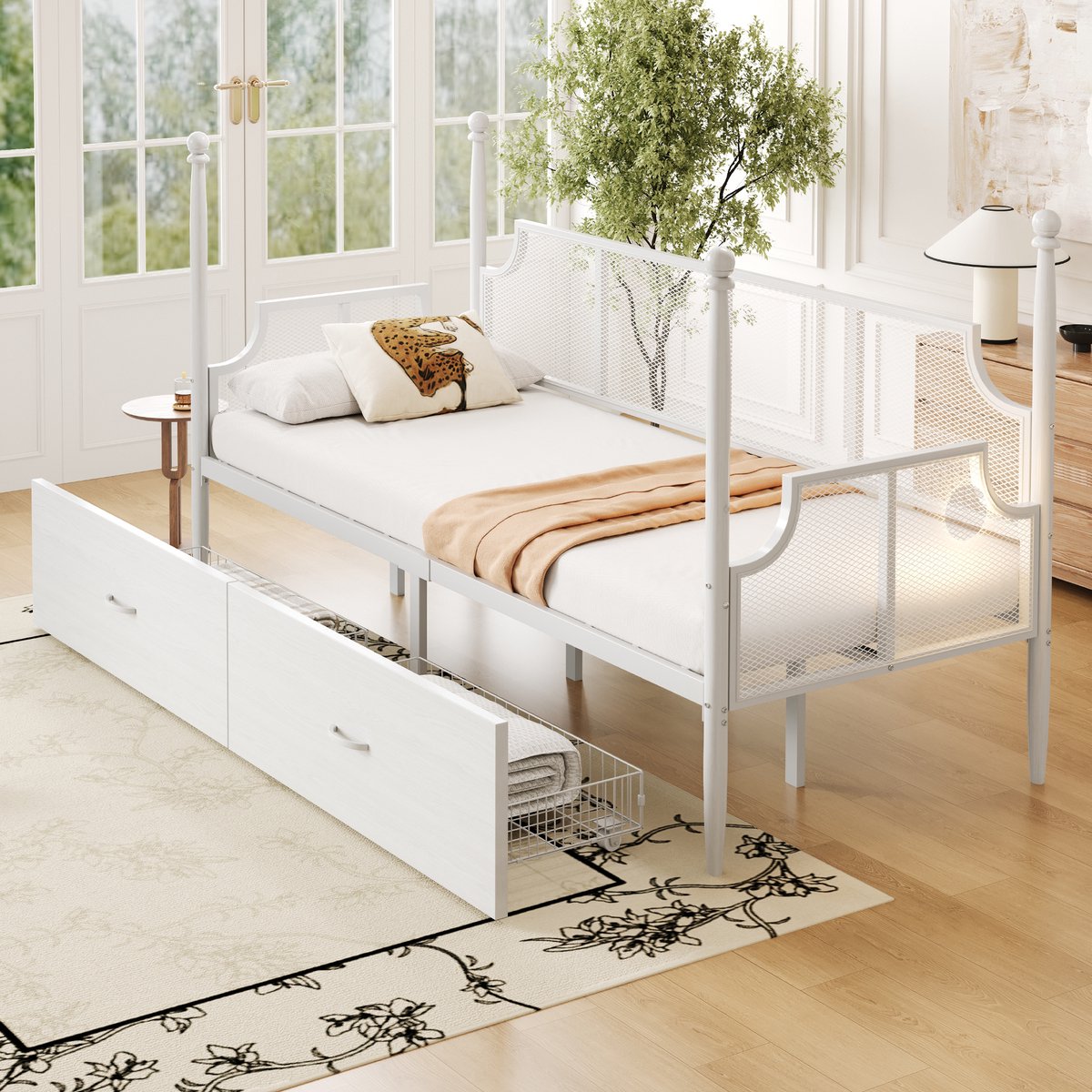 Wishdor Metalen Slaapbank Eenpersoonsbed - Met 2 Opbergladen - Vintage Stijl - Wit - 90 x 200 cm