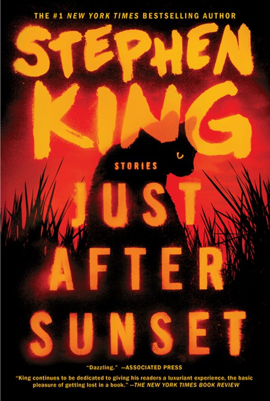 Boekomslag "Just After Sunset" van Stephen King, met een zwarte kat in schaduw en oranje tekst.