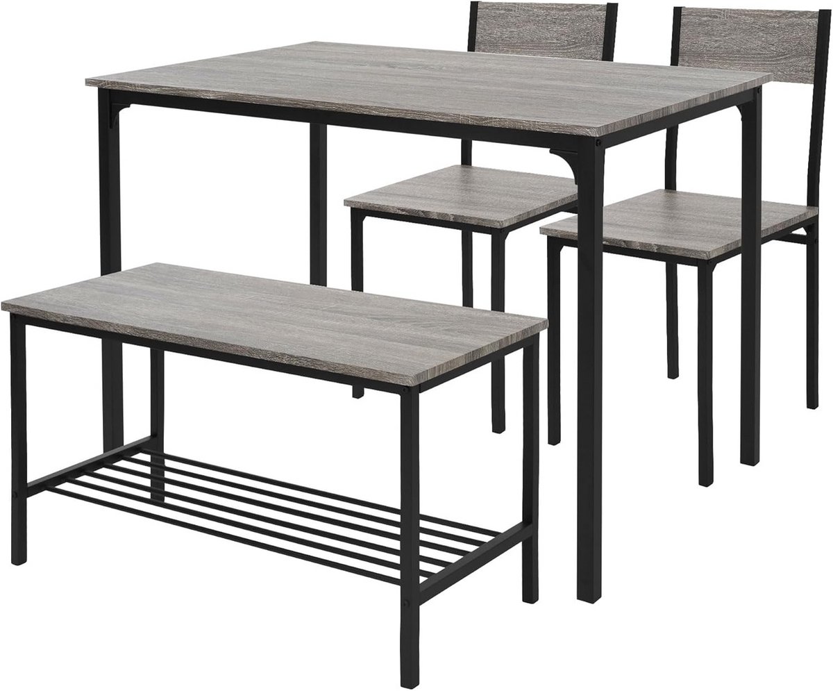 4-Delige Eettafelset met Stoelen en Bank – Eikenlook en Grijs – Compacte Diner Set voor 4 Personen