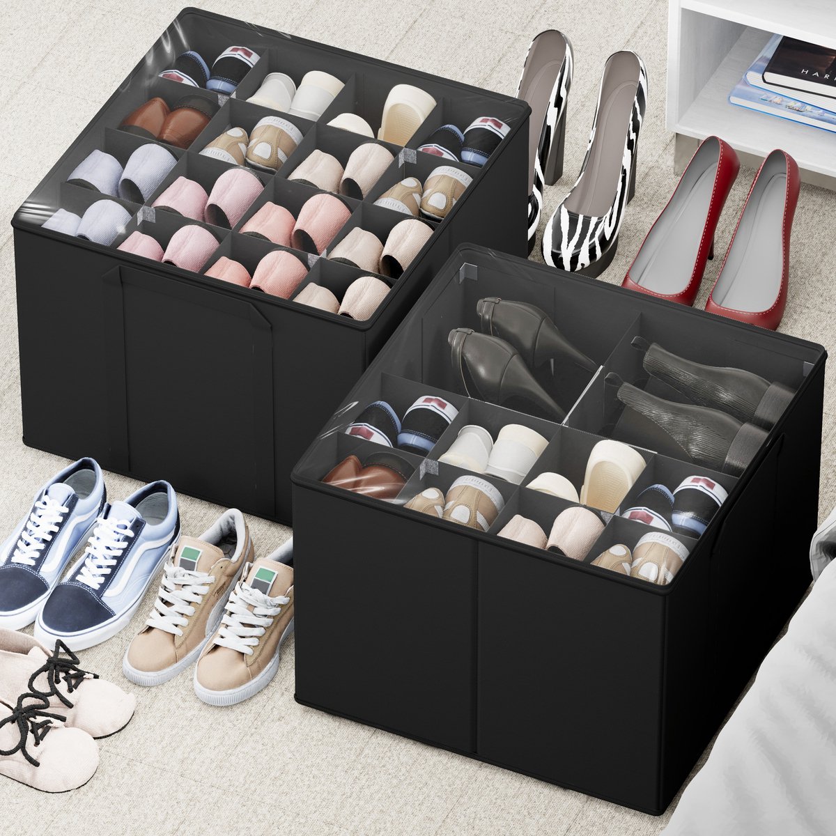 SpaceAid Schoenenorganizer voor Kasten (2 Stuks), Vouwbare Schoenenopslagbakken met Instelbare Delers, Past 16-32 Schoenenparen – Zwart
