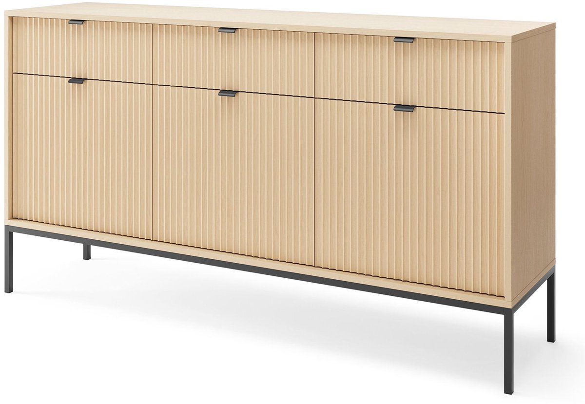 Selsey VELLORE – Buffetkast met 3 deuren, Eiken Vicenza-look met zwart frame, 154 cm Eikenlook