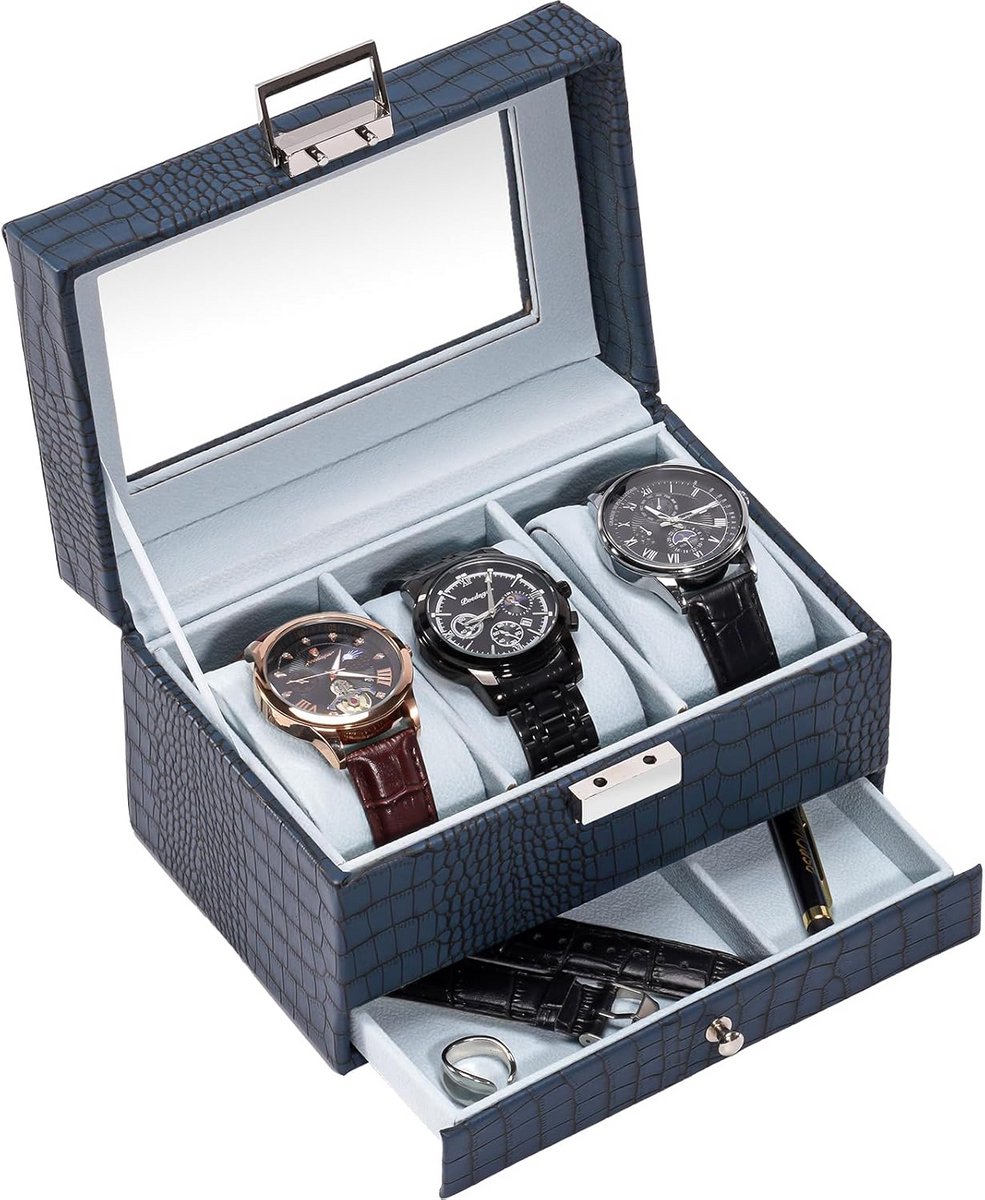 Luxe Horlogedoos met 3 Vakken en Lade - Dubbellaags Horlogestandaard met Glazen Deksel