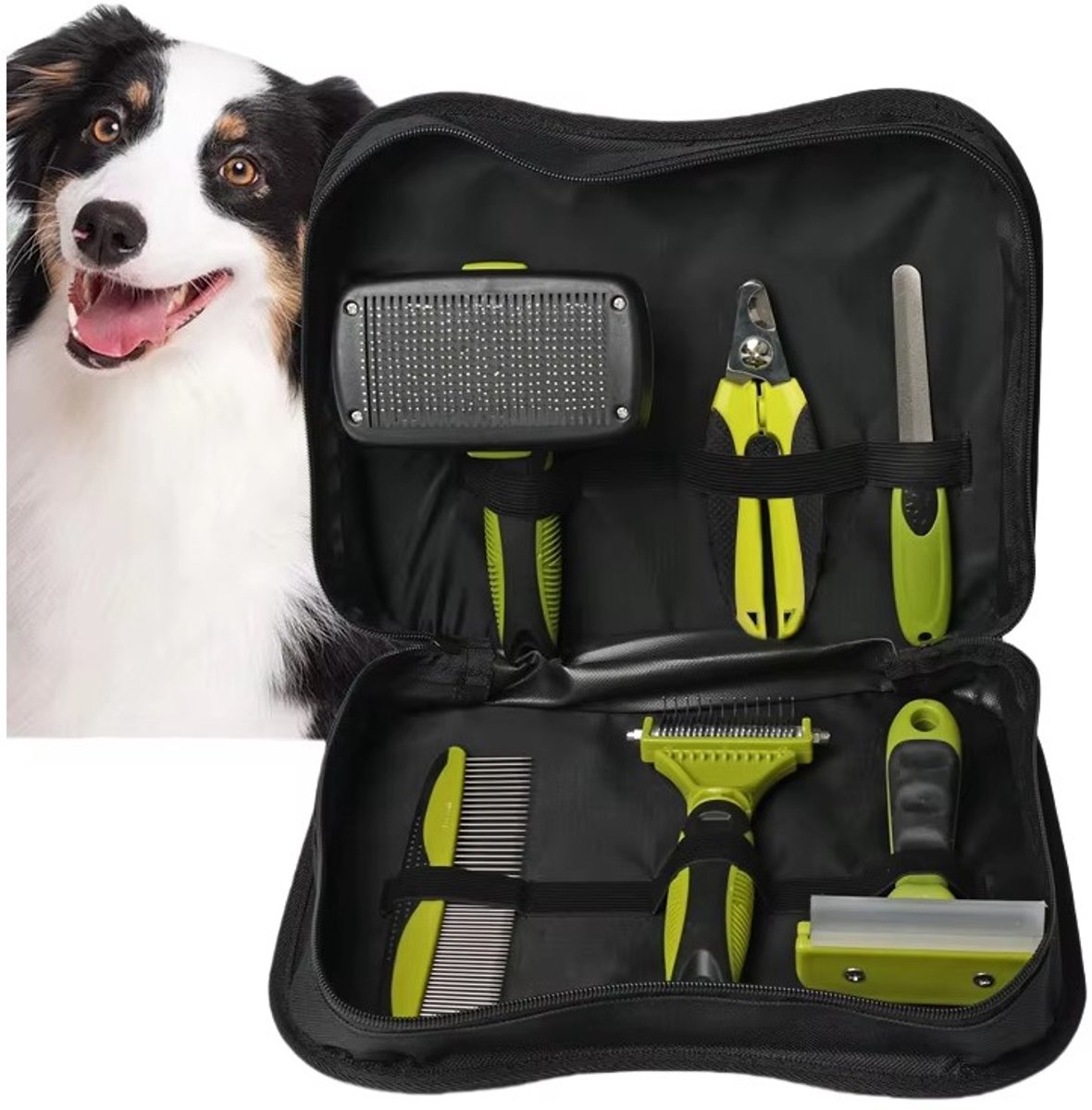 EYZ Verzorgingsset voor Honden & Katten - 6-delig - Hondenborstels/Kattenborstels, Kam, Nagelknipper en Nagelvijl_Groen