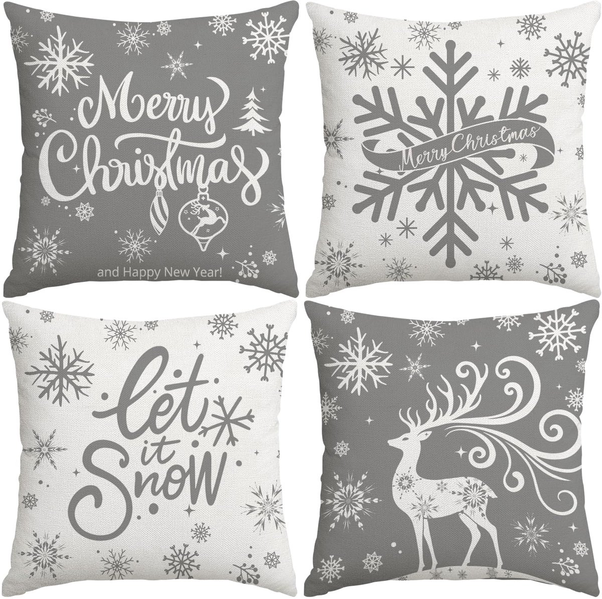 Unyqoos Set van 4 decoratieve kerstkussenhoezen met sneeuwvlokken en elandmotief grijs
