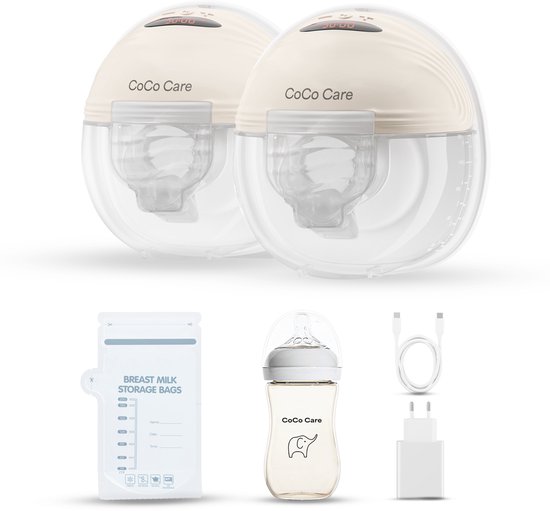CoCo Care® Dual Flow Pro 2026 - Elektrische Borstkolf - Handsfree Borstkolf – Borstkolf Handsfree - BPA-vrij - Inclusief PPSU Babyfles & 30 Melkbewaarzakjes - Beige